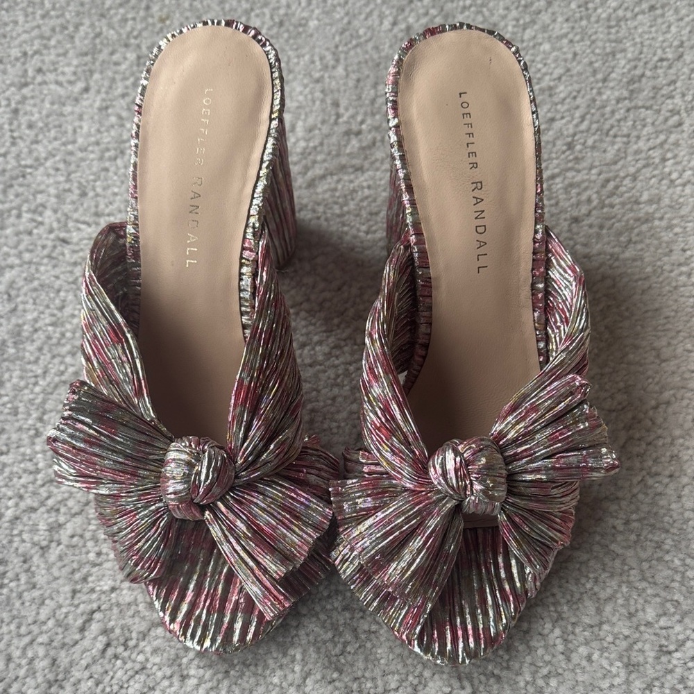 Loeffler Randall Penny Metallic Pleated Knot Mules Pink/Silver 7